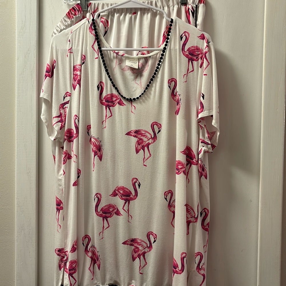 SOMA Cool Nights Pom Trim V-Neck Pajama Tee XL Flamingo print